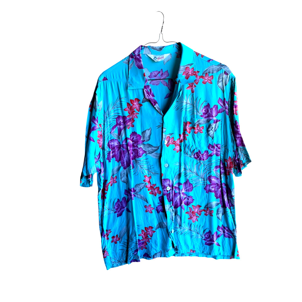 Vintage Blue Aloha Shirt Men’s Hawaiian Tropical Floral Short Sleeve Large